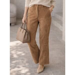 Ahram Cuir Womens Quiet Luxury Suede Leather Straight Leg Pants 30 Tan Old Money